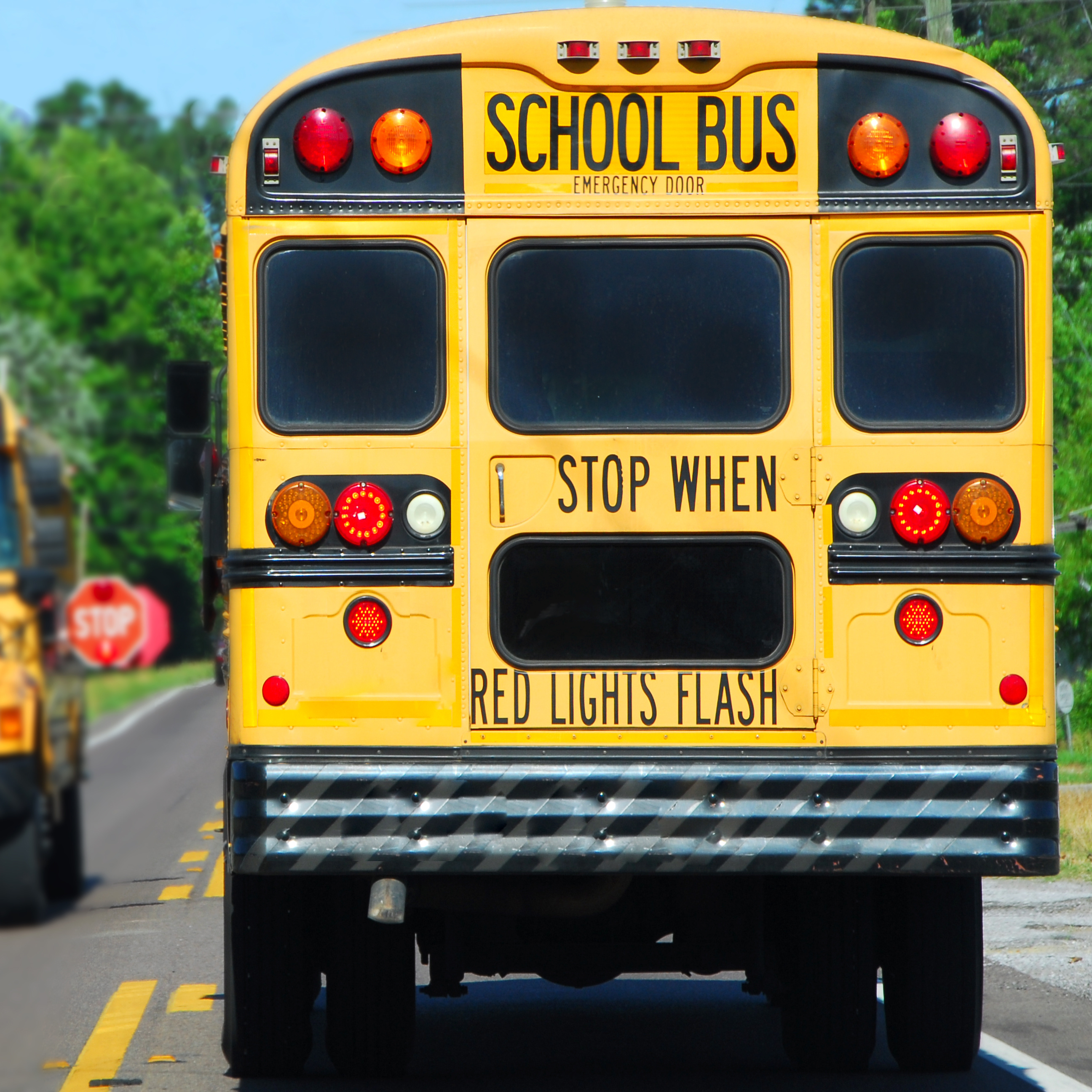 A photo of a school bus from behind 
