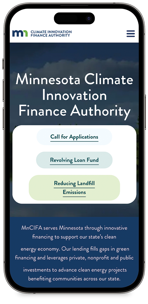 A phone showing the Minnesota Climate Innovation Finance Authority app A phone showing the Minnesota Climate Innovation Finance Authority app