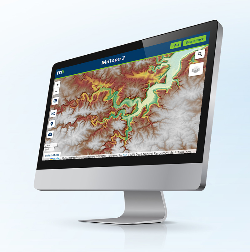 A computer showing the MnTopo 2 web application