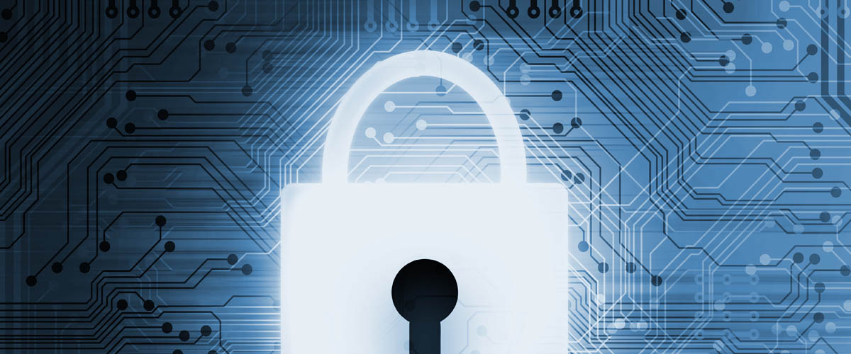 Illustration of a lock with a circuit board in the background.