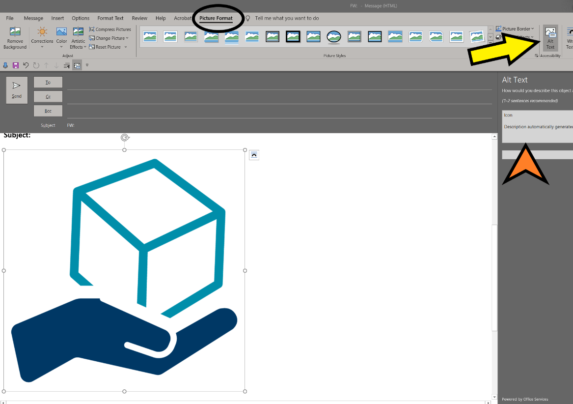 Screenshot of Outlook email with an image in the body. Picture Format tab is circled in the ribbon. Arrow points to the alt text button in the accessibility group. Triangle points to the alt text panel.