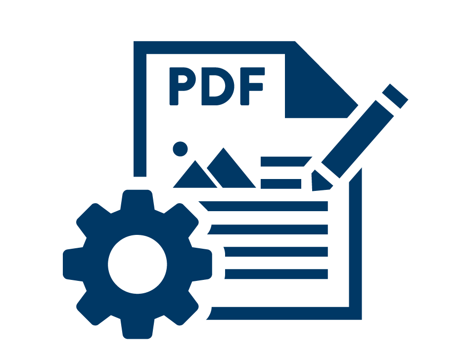 An icon of a PDF surrounded by a gear and pencil.