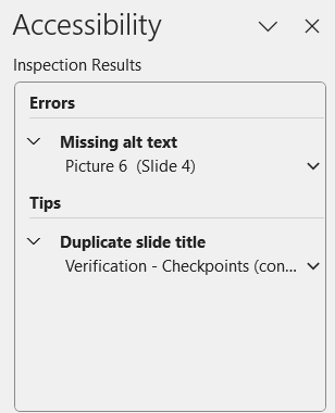 Screenshot of PowerPoint's Accessibility Pane Inspection Report. Highlighted is an error for missing alt text. The submenu on the error gives the slide number in parentheses (Slide 4)