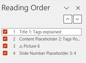 Screenshot of PowerPoint's Reading Order Pane tool with the first object highlighted and it is a new order (originally in position two and now in position one) to make it logical.