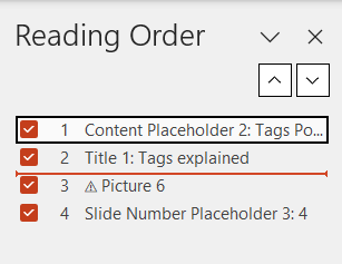 Screenshot of PowerPoint's Reading Order Pane tool with the first object highlighted and a red line indicator displaying its new position if moved, which will be below the second object in reading order.