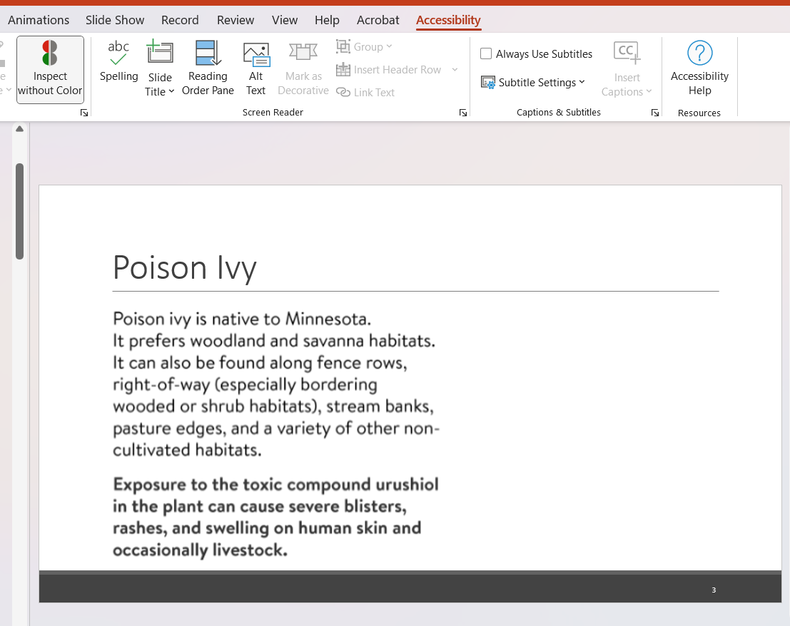 Screenshot of PowerPoint slide in grayscale with content about Poison Ivy. The final paragraph which alerts about exposure to poison ivy exposure no longer has a visual cue of red to indicate its importance.
