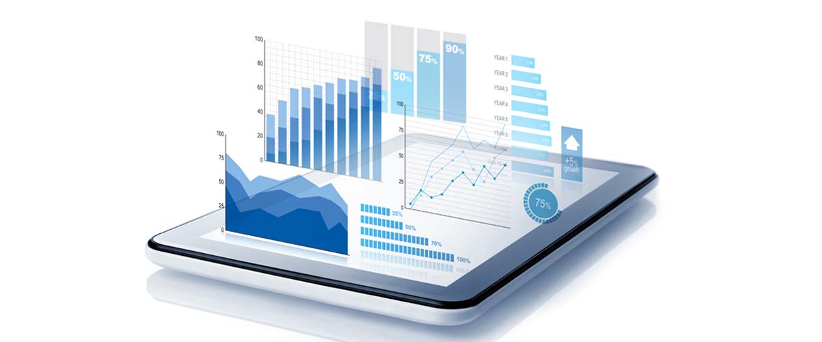 Digital tablet with statistics coming out of the screen.