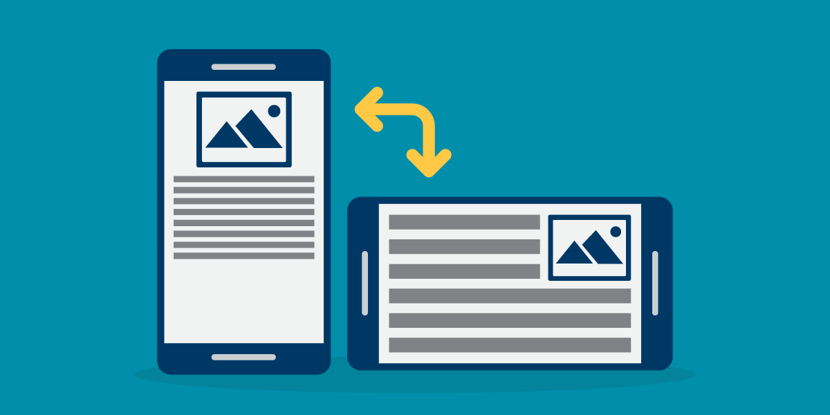 Illustration of digital content adapting between portrait and landscape orientations on a mobile device with the same content in different orientations, representing text resize and reflow without loss of content or functionality.