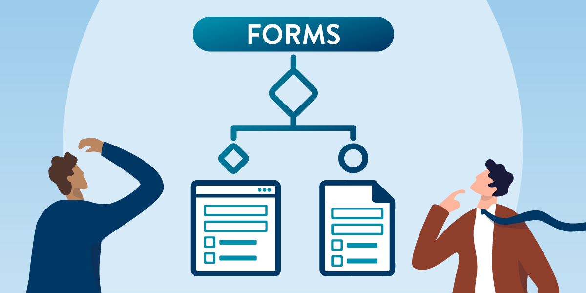 Illustration of two people considering a forms decision tree between a web form and a fillable PDF.