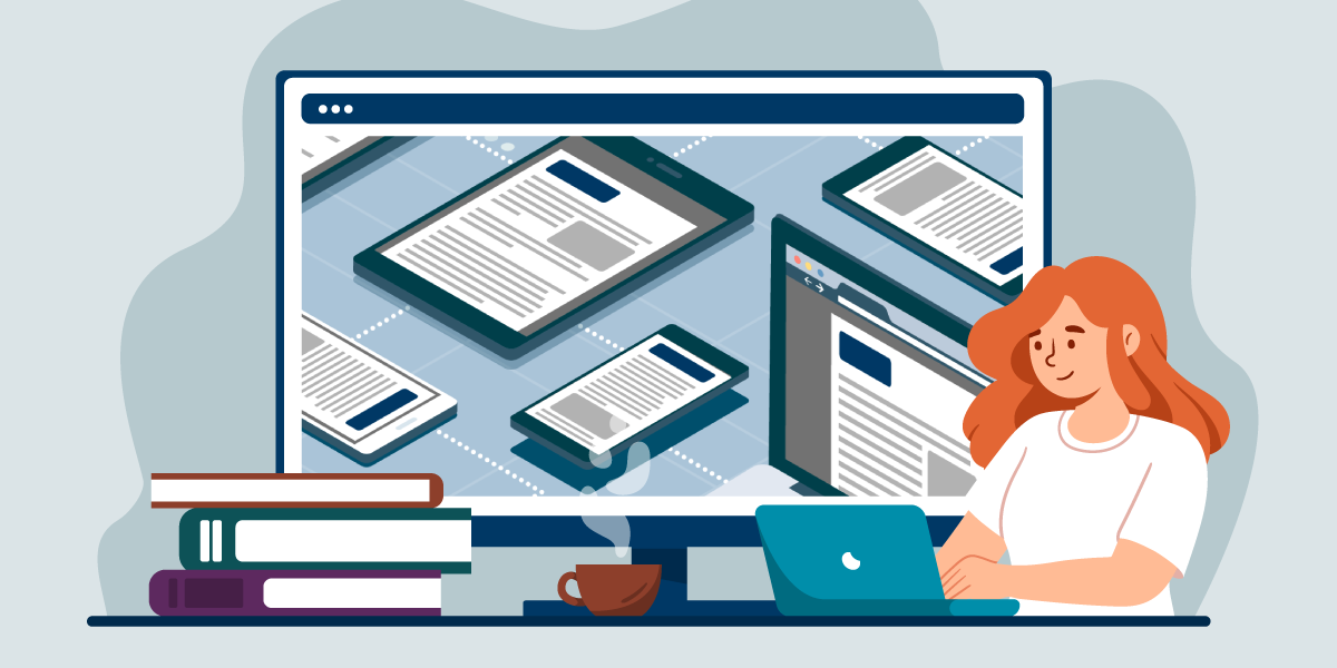 Woman working at computer, with screen showing the same article in multiple devices.