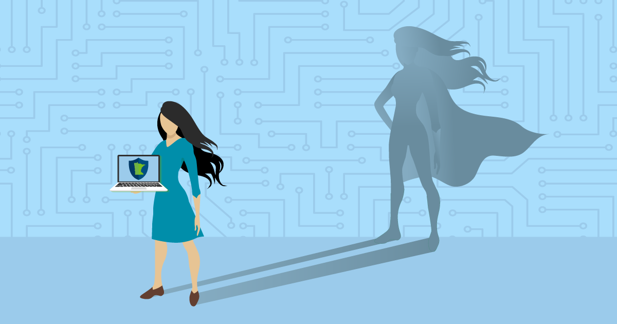 Woman holding a secure laptop and whose shadow has a super hero cape
