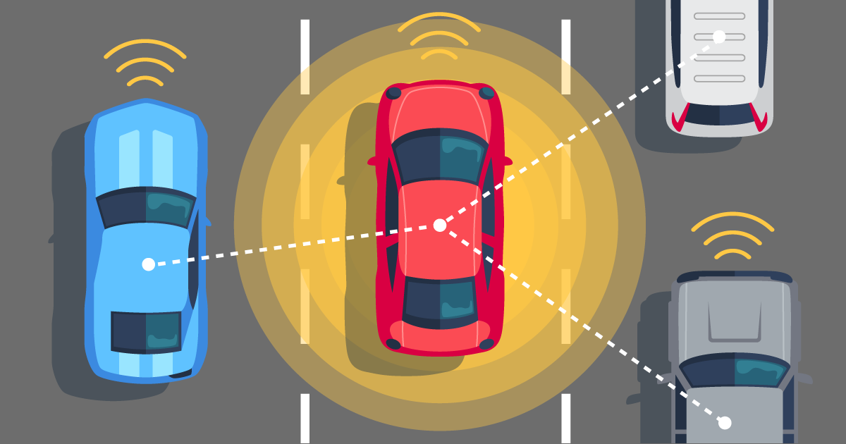 Graphic of car connecting to other cars in on the road via a dotted line. 
