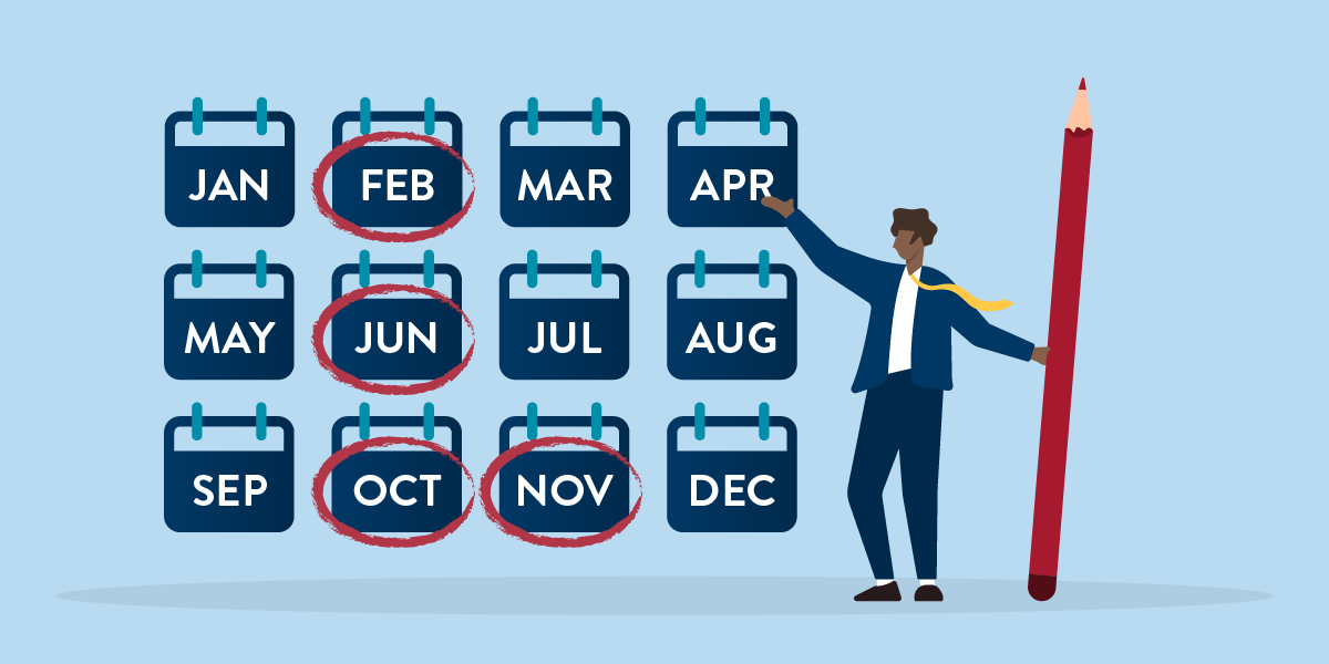 The 12 months of the year arranged in a grid. February, June, October, and November are circled to emphasize them