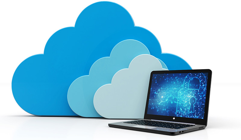 A laptop computer with a padlock on the screen in front of 3D clouds.