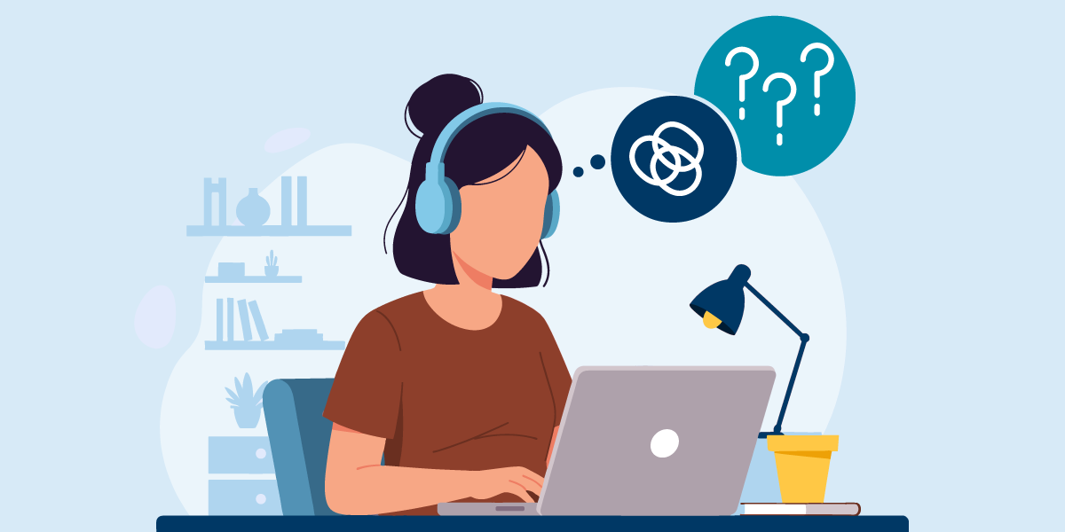 Person at computer with thought balloons signifying confusion and questions.