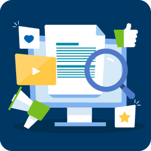 An icon of a computer screen surrounded by documents, a search icon, and like/share icons 