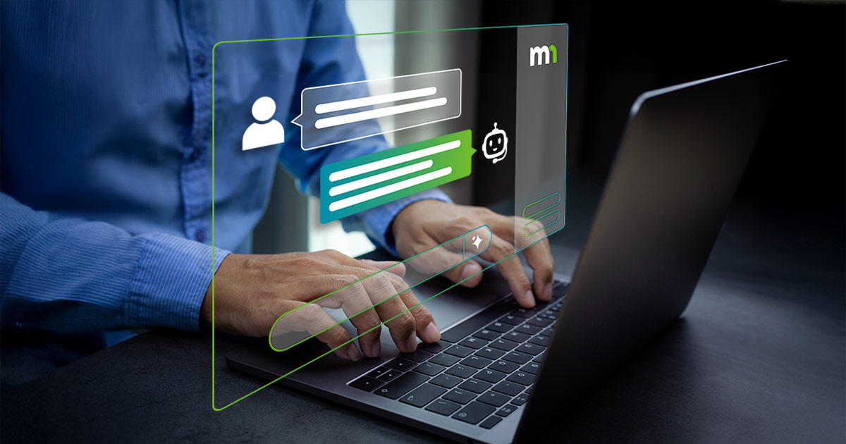 A person working at a laptop. An illustration indicates he is chatting with an AI bot.