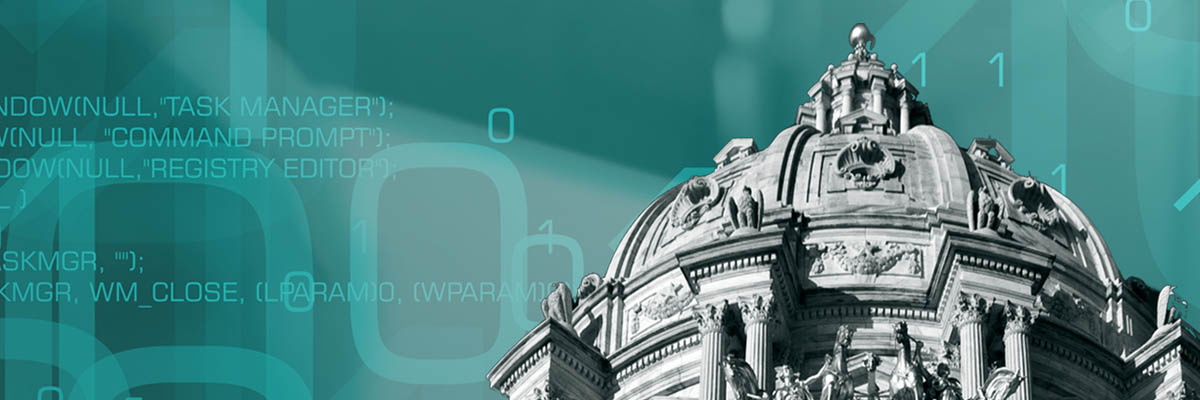 Minnesota State Capitol Building with computer code in the background.
