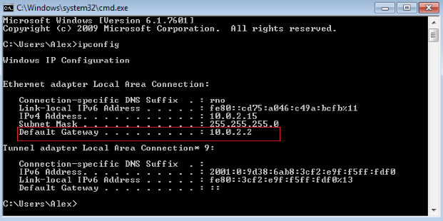 Screenshot of a command prompt on a Window's computer with IP address information.