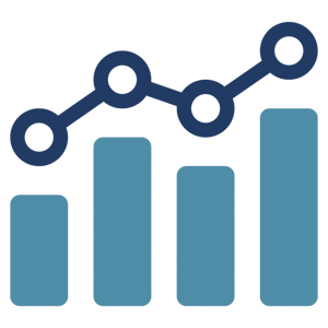 An icon of a bar chart with a trend line going up