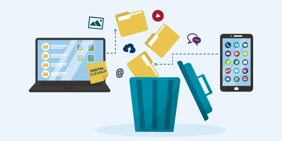 Illustration of a phone and laptop emptying files into a trash can, indicating cleaning up digital files.