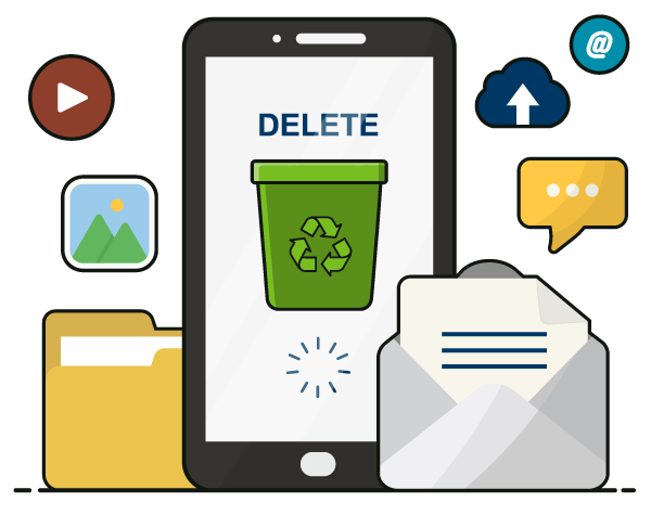 Illustration of a phone emptying files into a trash can, indicating cleaning up digital files.