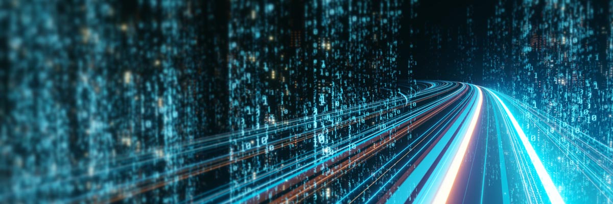 Computer code with lines of light forming the shape of a road.