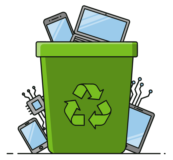 Illustration of a recycle bin full of digital devices, indicating getting rid of old, unwanted devices.