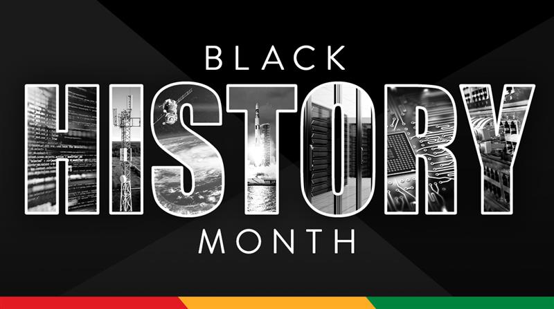 Black History Month. In the word history are images of space, sience, and technology. 