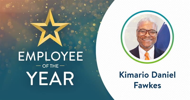 The text 'employee of the year' beside a headshot of the winner of the Employee of the Year Annual Award: Kimario Daniel Fawkes
