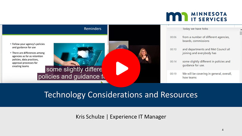 Technology considerations and resources [video] first slide of presentation displaying.