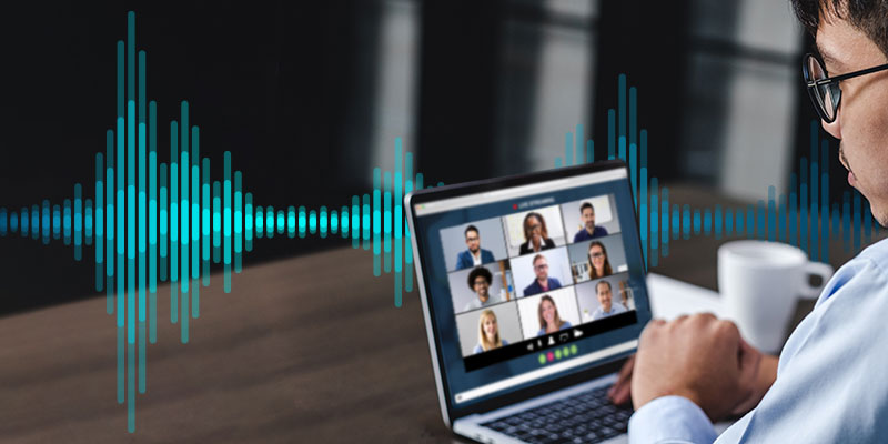 Person with laptop showing conference call with different participants and audio wave graphic in the background.