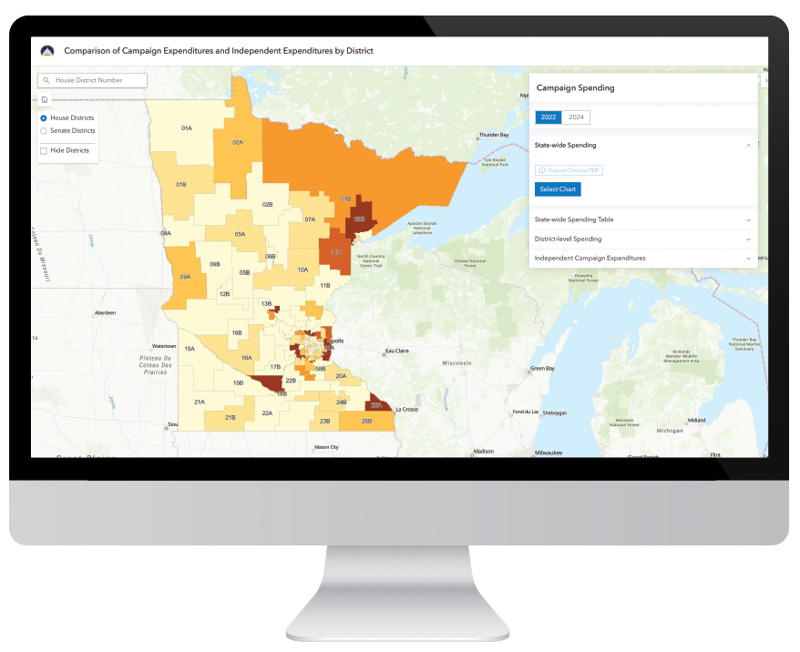 A computer screen showing a map of Minnesota with an overlay of finance data.