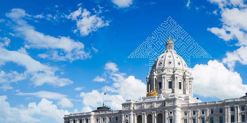 Photograph of the MN state capital with an arrow made of computer circuits rising from the background