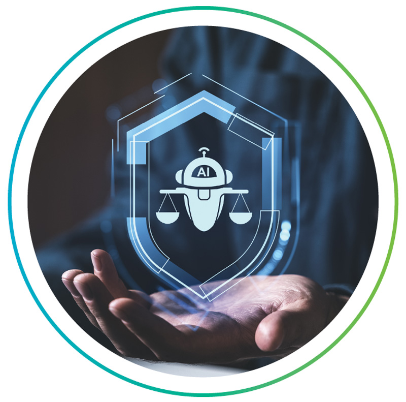 A hand holding a hologram of a shield