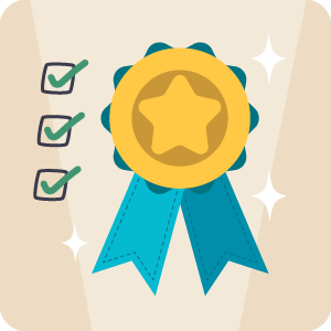 An award ribbon and some checked off check boxes