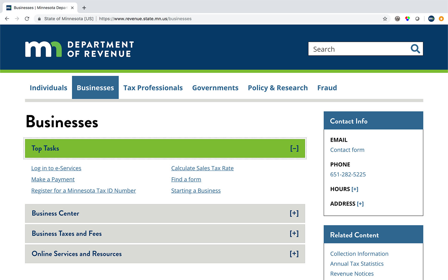 Screenshot of the new Revenue business page.