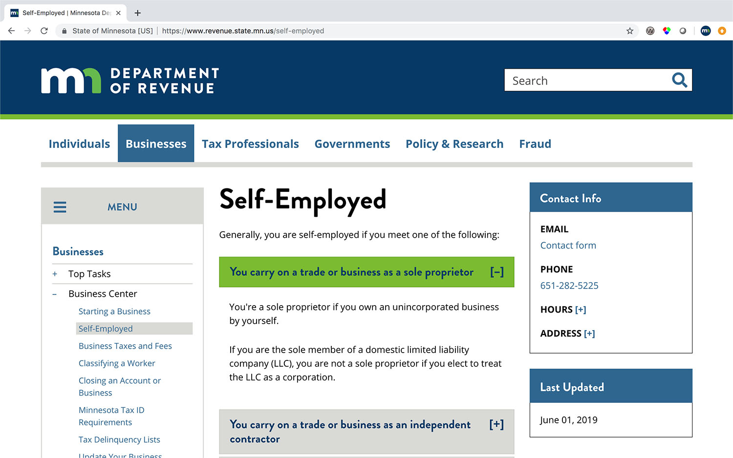 Screenshot of the new Revenue self employed page.