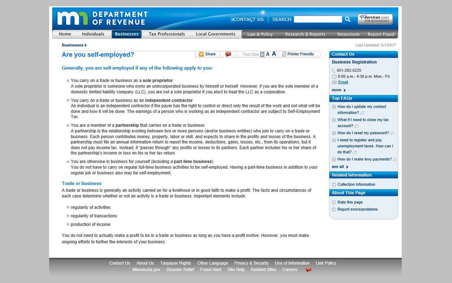 Screenshot of the old Revenue self employed page.