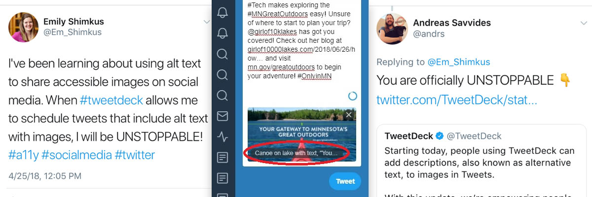 A series of tweets around TweetDeck announcing a new Alt Text feature.