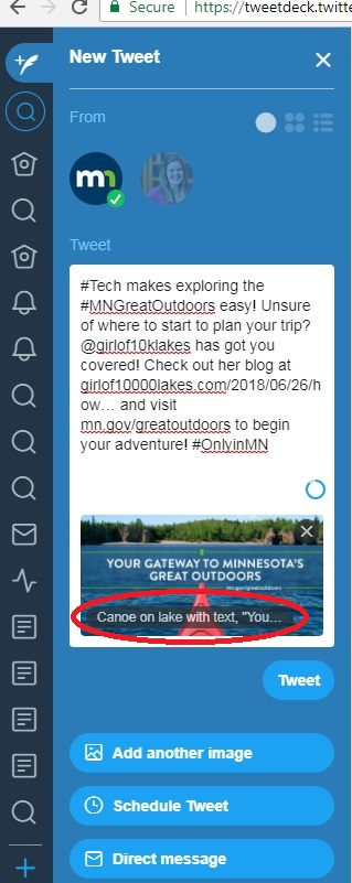 Screenshot of showing the MNIT Twitter account using TweetDeck to schedule a post with alt text.