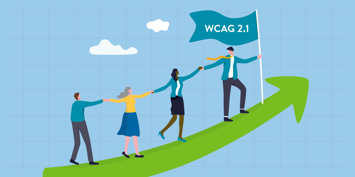 Leader is holding on to a flagpole and facing a group of people. They are all (including the leader) holding hands, ascending an upwards arrow.