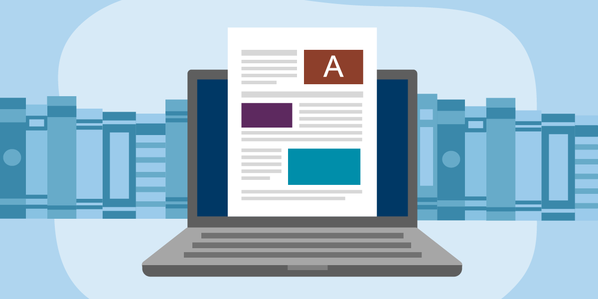 Illustration of a laptop displaying an article in front of books, representing a curated collection of articles for learning about one topic.