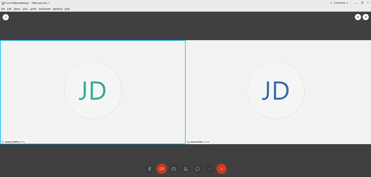 Screenshot of virtual meeting, both participants have initials JD, one is blue, one is green.