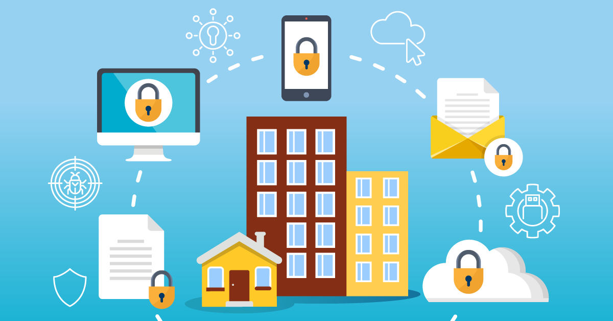 Home and office buildings surrounded by secure devices.