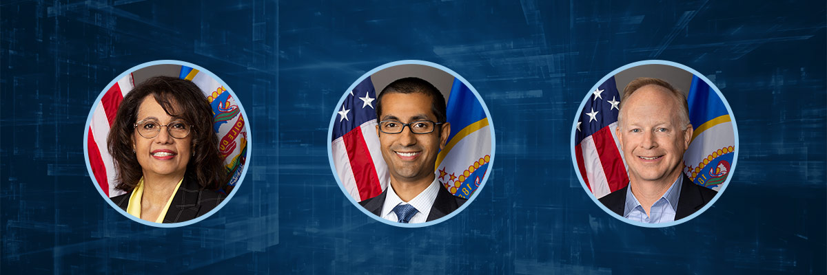 Compilation of headshots left to right of Zarina Baber, Rohit Tandon, and Cory Stubbendick on a blue background.