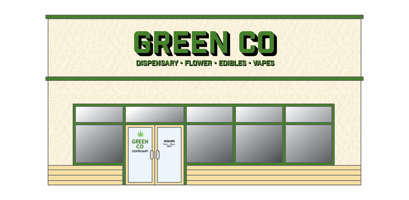 A cannabis/hemp business with one building sign and one door sign featuring the business name.