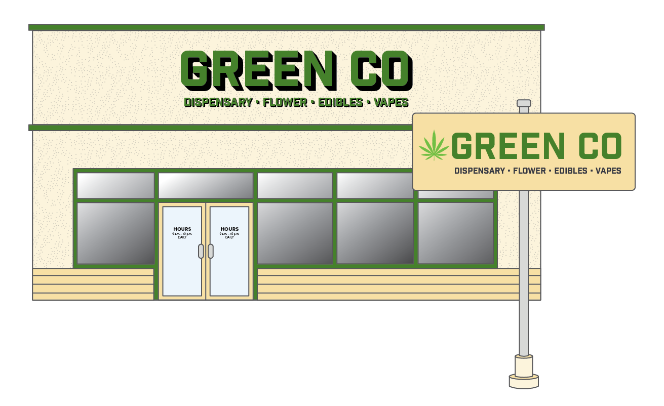 A cannabis/hemp business with one building sign and one parking lot sign featuring the business name.