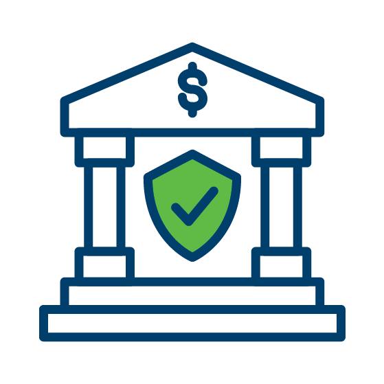 icon of a bank in blue and green with shield and checkmark implying insurance