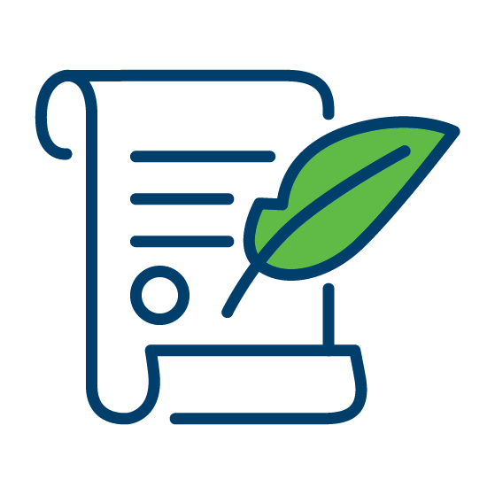 an icon in blue and green of a legislative bill and a quill